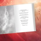 Text: "So schließt sich nun der Kreis, ... Sie beginnt jetzt – in dir."  
Links: Rauchgrafik. Rechts: Offenes Buch. Hintergrund: Rote und orange Farben.