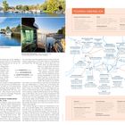 Text: "TOUREN-ÜBERBLICK", "Zeuthen bis Havelberg & retour", "Für wen geeignet?", "Highlights entlang der Route".  
Illustration: Eine Karte mit Wasserstraßen, Orten, Routen und Telefonnummern von Marina und Restaurants.