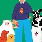 Eine ältere Person mit Tieren, Malpalette und Pinseln vor grünem Hintergrund dargestellt.