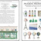 Links: Beschreibung einer Boutique in Paris, Porzellan, Bücher, Duft. <br> Rechts: Illustration von Souvenirs, Eiffelturm, Globen.