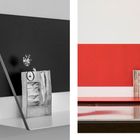 Links: Schwarz-weißes Kunstwerk mit abstrakter Skulptur und Spiegelung. Rechts: Rotes und weißes Panel mit Holzskulptur.