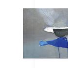 9899. „America Loves You“, 2025. Ölgemälde mit grauen und blauen abstrakten Formen auf Leinwand.