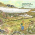 Text: "Ich bewundere die hohen Gipfel, als ich dem Dampf der Bahn nachschaue..." Illustration einer Berglandschaft mit Eisenbahn.