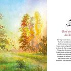 Bunt sind schon die Wälder. Illustration eines herbstlichen Waldes mit buntem Laub und klarem Himmel.