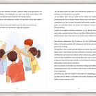 Seite 120 und 121 mit Text einer Geschichte. Illustration: Fünf Kinder in fröhlicher Runde, die ihre Hände zusammensetzen.