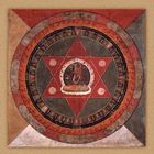 Illustration eines Mandalas mit sechszackigem Stern, verziert mit Kreisen und einem sitzenden Buddha in der Mitte.