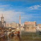 Illustration einer venezianischen Stadtszene: Boote im Vordergrund, Architektur und Campanile im Hintergrund, blauer Himmel.