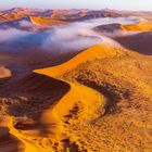 Ich kann keinen Text erkennen. Düne mit sanften Linien, im Morgenlicht leuchtend, Nebel schwebt darüber.