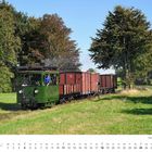 "Juli" Kalender, Wochentage und Zahlen darunter. Eine grüne historische Lokomotive zieht rote Güterwaggons durch grüne Landschaft.