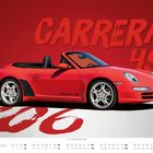 Text: "CARRERA 4S", "JULI", "06". Ein roter Sportwagen, Cabriolet, seitlich, auf rotem Hintergrund. Kalender unten.