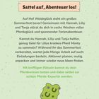 "Sattel auf, Abenteuer los!" Text erklärt ein Sommerfest auf Hof Weideglück. Illustration zeigt Hufeisen auf grünem Hintergrund.