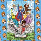 Im Zentrum springende Figuren in bunten Kostümen, umgeben von Buchstaben und einem offenen Buch am Boden. Illustration.