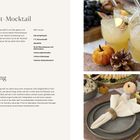 Apfel-Zimt-Mocktail: Apfelsaft, Zitronensaft, Eis, Mineralwasser, Apfelscheibe, Zimtstange, Rosmarin.  
Tablesetting: Beige Tischdecke, braune Platzteller.