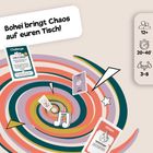 Text: "Bohei bringt Chaos auf euren Tisch!" Spielkarten, bunte Spiralen, Symbole für Spieleranzahl und -dauer.