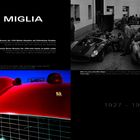"MILLE MIGLIA. Brescia – Rom – Brescia, der 1000 Meilen Klassiker. Bild von Oldtimern in Schwarz-Weiß und ein roter Ferrari."