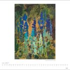 Juli 2027. Kalender mit Gemälde: Abstrakte blaue und grüne Formen, mit gelb-braunem Hintergrund.