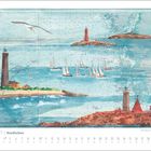 JULI 2027 | Nordlichter. Seekarte mit Leuchttürmen und Segelbooten, Seemöwe fliegt über das Meer.