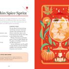 "Pumpkin Spice Spritz" Rezept mit Zutaten wie Whisky, Ahornsirup, Kürbispüree. Illustration von Cocktail, Kürbissen, Blättern.