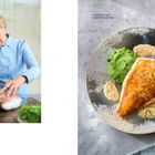 Rechts: "PANNFISCH MIT KARTOFFELKRUSTE", Fisch mit Erbsenpüree dekoriert. Links: Person filetiert Fisch in Küche.