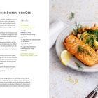 Rezept für Lachsfilets mit Zucchini-Möhren-Gemüse. Zutaten: Lachs, Zucchini, Möhren, Dill. Beiliegendes Bild zeigt das Gericht.