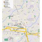 Stadtplan von Heredia mit Kategorien: Übernachten, Essen & Trinken, Nachtleben und Einkaufen. Markierte Straßennamen.