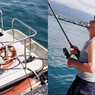 Rettungsring mit "LYMEB" auf einem Boot; Mann, der angelt und lacht, Meer im Hintergrund.