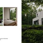 Text: „The design proposes a more porous relationship between house and landscape. 14“  
Links: Innenansicht mit Fenster, Waschbecken, Bett.  
Rechts: Haus in grüner Landschaft.