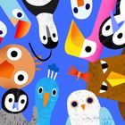 Eine bunte Illustration von verschiedenartigen Vögeln, die fröhlich nach innen schauen, auf blauem Hintergrund.