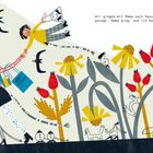 Text: "Wir gingen mit Mama nach Hause, genauer gesagt, Mama ging, und ich hüpfte vor Freude." Illustration: Fröhliche Szene mit Blumen.