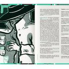 Texte wie "TASCHENBUCH", "TEXTABBILDUNG", und Erklärungen zum Buchdruck. Illustration: Mann im Trenchcoat zeigt Bücher in Innentaschen.