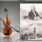 Kalenderblatt: Juli. Illustration: Violine mit Noten. Historisches Porträt eines Mannes und ein Gebäude darunter.