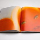 Offenes Buch zeigt abstrakte Kunst mit warmen Orangetönen und einem verschwommenen Gesicht.