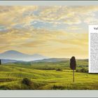 Val d’Orcia: Landschaft mit sanften Hügeln, zwei hohen Zypressen, weiten grünen Feldern und einem malerischen Himmel.
