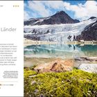 "Durch drei Länder auf und ab" ist der Haupttext. Ein Wanderer geht an einem klaren Bergsee entlang, umgeben von Gletschern.