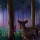 Diese Illustration zeigt einen Wald bei Nacht, mit einem Reh und einem Hasen, umgeben von leuchtenden Glühwürmchen.