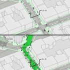 Vorher/Nachher Illustration einer Straße in Wien. Oben Autos und Gehwege, unten grüne Fahrradstraße eingefügt.
