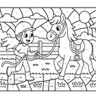 Illustration: Zahlen von 1-12. Ein Kind führt ein Pony vor einem Zaun, Sonne und Wolken im Hintergrund.