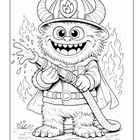 Ein lächelndes Monster trägt einen Feuerwehrhelm mit Flammen-Symbol und hält einen Feuerwehrschlauch.