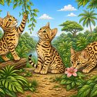 Illustration: Drei verspielte Katzenjunge im dichten Dschungel, umgeben von üppigen Pflanzen und blauem Himmel.
