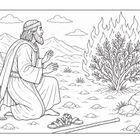 Ich sehe keinen Text. Eine Illustration zeigt einen Mann kniend vor einem brennenden Busch in einer bergigen Landschaft.