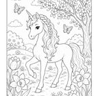 Illustration: Einhorn in Blumenwiese, Bäume und Schmetterlinge im Hintergrund, wolkiger Himmel.