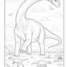 Keine Texte. Dinosaurier-Szene mit einem großen und zwei kleinen Dinosauriern in einer Landschaft mit Bergen und Vögeln am Himmel.