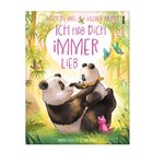 „Weißt du was, kleiner Panda? Ich hab dich immer lieb." Zwei Pandas umarmen sich in einem farbenfrohen Dschungel.