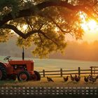 Kalenderzahlen 1-31 mit Wochentagen. Ein roter Traktor unter einem Baum, Hühner im Vordergrund, Sonnenuntergang.