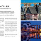 MORLAIX IM SCHATTEN DES VIADUKTS. Fachwerkhäuser vor Viadukt. Nachts beleuchtete Stadtansicht mit Fluss und Spiegelungen.