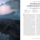 Links: Eine Landschaft mit dunklem Gelände und Wasser, leicht im Regen. Rechts: Text über das Universum, kosmische Objekte und Leben.