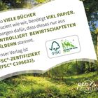 Text über Papierverbrauch und FSC-Zertifizierung, daneben FSC-Logo mit Baum und Tier, darunter Waldlandschaft.