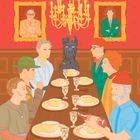 Ein Tisch mit sechs Personen und einem großen Hund. Oben hängen zwei Porträts und ein großer Kronleuchter.