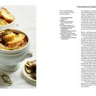 Für 4–8 Personen als Vorspeise oder Hauptgericht. Französische Zwiebelsuppe. Zutatenliste links, Rezeptbeschreibung rechts.
