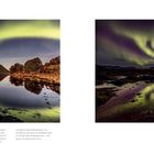 Anfjords Landschaft im Mondlicht, Nordlicht spiegelt sich im Wasser. Torsvåg Nordlicht über windgeschütztem Ebbetümpel.